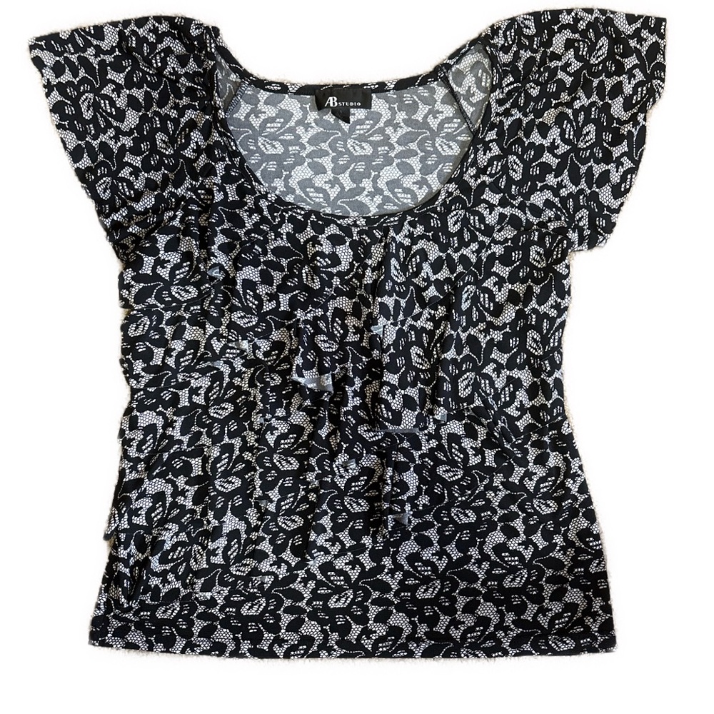 Women’s Small AB Studio Black & White Floral Print Layered Ruffled Stretchy Top